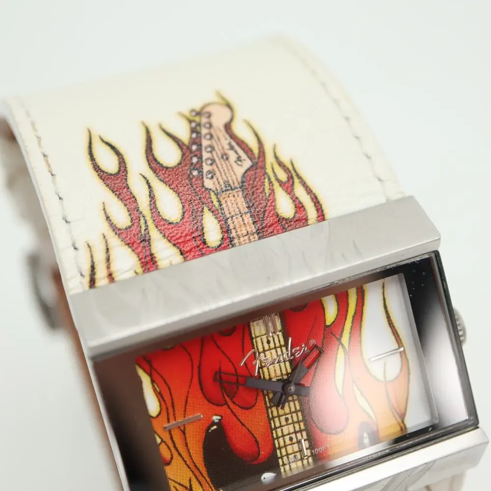 Fender Guitars Flames Skull White Leather 42mm Watch Y2K Rare w New Battery